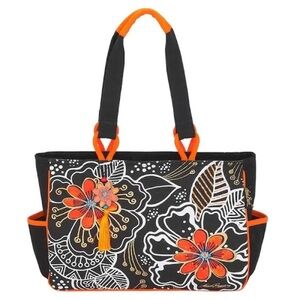 Laurel Burch White On Black Floral Orange Trim Medium Canvas Zip Top Tote LB6062